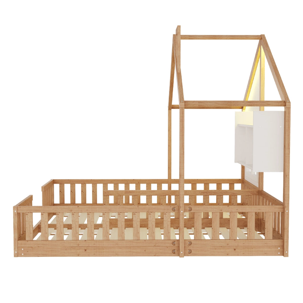 Letto doppio per bambini 2x90x200 cm con LED, ripiani e sponde in legno naturale