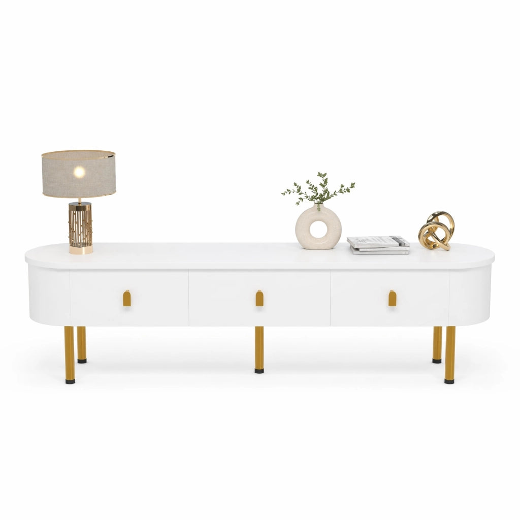 Mobile TV moderno 174 cm in MDF bianco con 3 cassetti; maniglie e gambe dorate