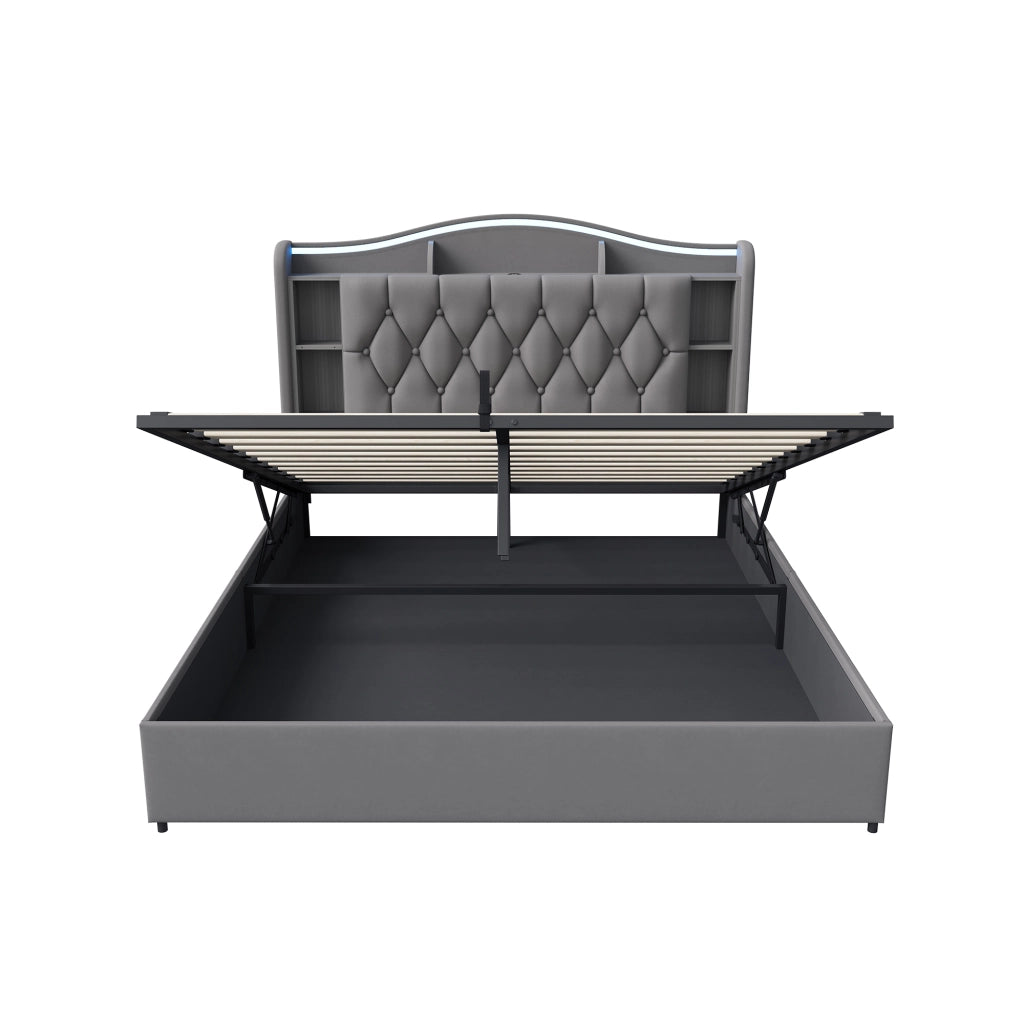 Letto matrimoniale con contenitore 160x200 cm imbottito con testiera portaoggetti LED USB Type-C alzata idraulica velluto grigio