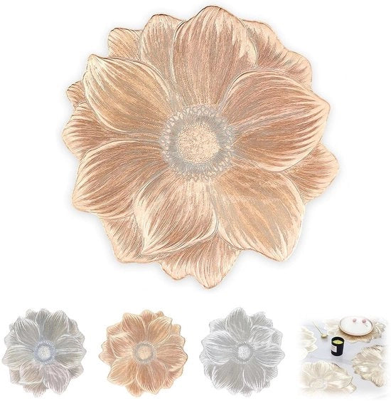 4 placemats creativi in PVC con fiori - impermeabili e oleofobi, 38x38 cm tappeti antiscivolo per tavola per uso in sala da pranzo, cucina e all'aperto, resistente al calore, disegno lavabile per decorazione primaverile e quotidiana (rosa dorato)