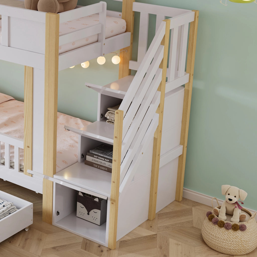 LETTO A CASTELLO BAMBINI 90x200 cm Bianco+Naturale con 3 cassetti e scala contenitore