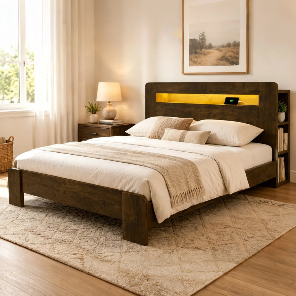 LETTO Piattaforma con testiera contenitore, LED e prese, 140x200 cm, Legno vintage