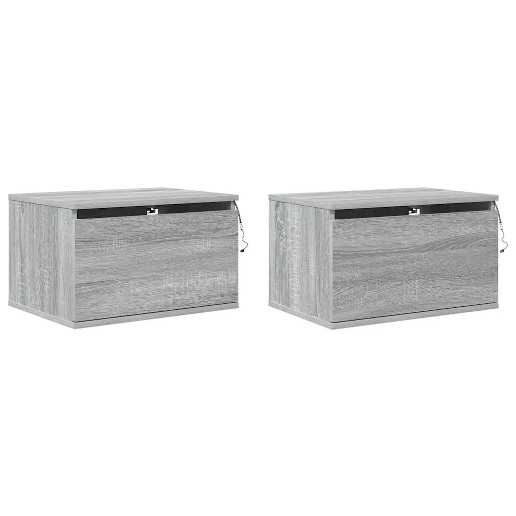 Set di 2 Comodini | Armadio da Notte | Mobiletto da notte a Parete con luci LED Grigio Sonoma