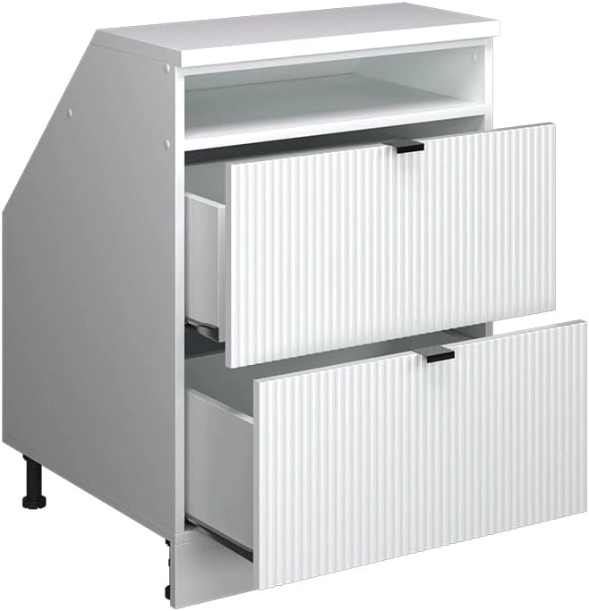 Mobile sottotetto Rion, Ondulazione bianca, 60 x 81.6 cm con 2 cassetti, carcassa 60 cm profondità, adatto per il salvaspazio sotto tetti spioventi