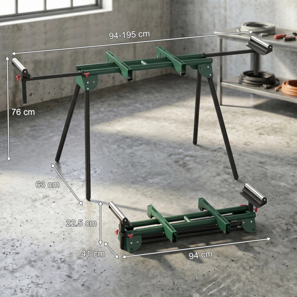 Supporto per Troncatrice con Bracci Regolabili. Gambe Pieghevoli. Altezza Regolabile. Capacit¨¤ 150 kg. Verde