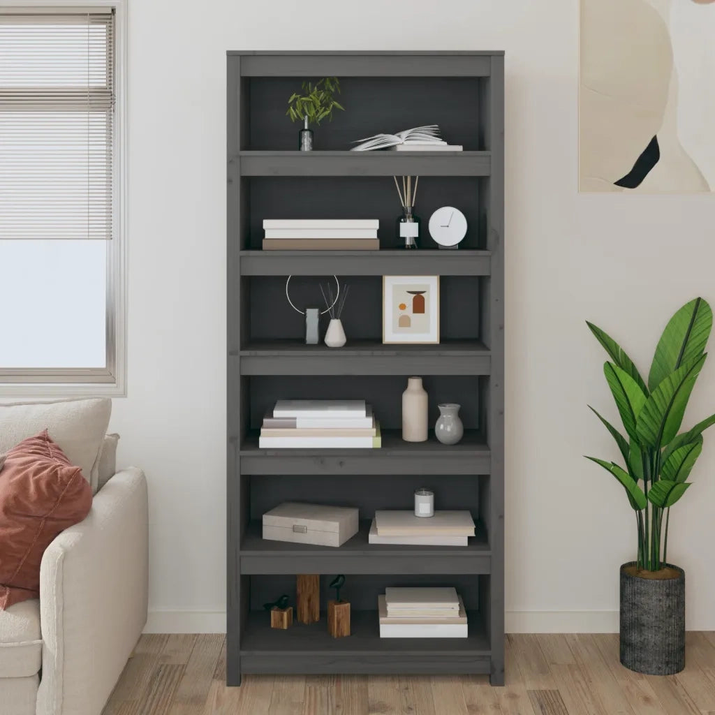 Libreria Grigia 80x35x183 cm in Legno Massello di Pino 821696