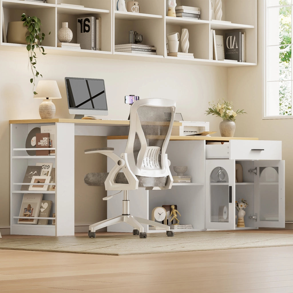 Isola da Cucina 136x50x78 cm Bianca e Rovere con Tavolo Girevole 360°, Cassetto e Ripiani