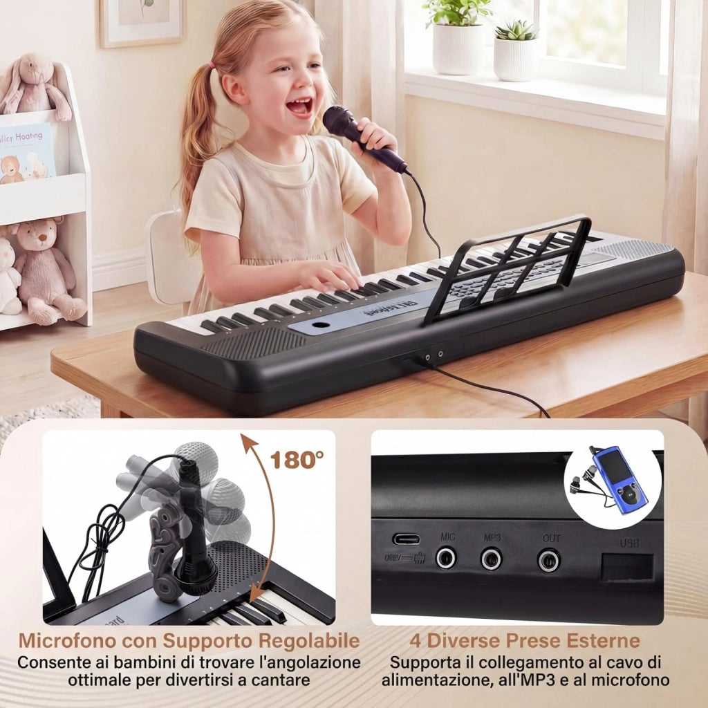 Tastiera Pianoforte Elettrica a 61 Tasti, Giocattolo Musicale da Interno con Supporto Regolabile, Microfono e Leggio, Strumento Digitale Educativo per Bambini e Bambini 3+ Anni (Nero)