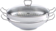 Wok in acciaio inossidabile da 36 cm - finitura non trattata con coperchio in vetro e valvola di vapore per piatti asiatici