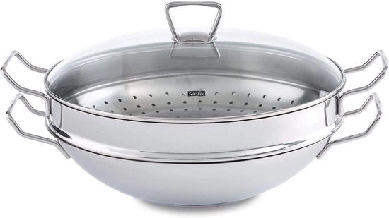 Wok in acciaio inossidabile da 36 cm - finitura non trattata con coperchio in vetro e valvola di vapore per piatti asiatici