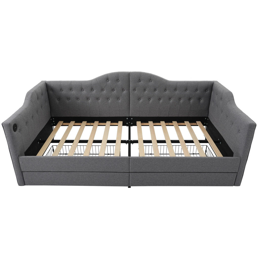 Letto giorno 90x190 cm in lino grigio con USB e Type-C; 2 cassetti e tasche laterali