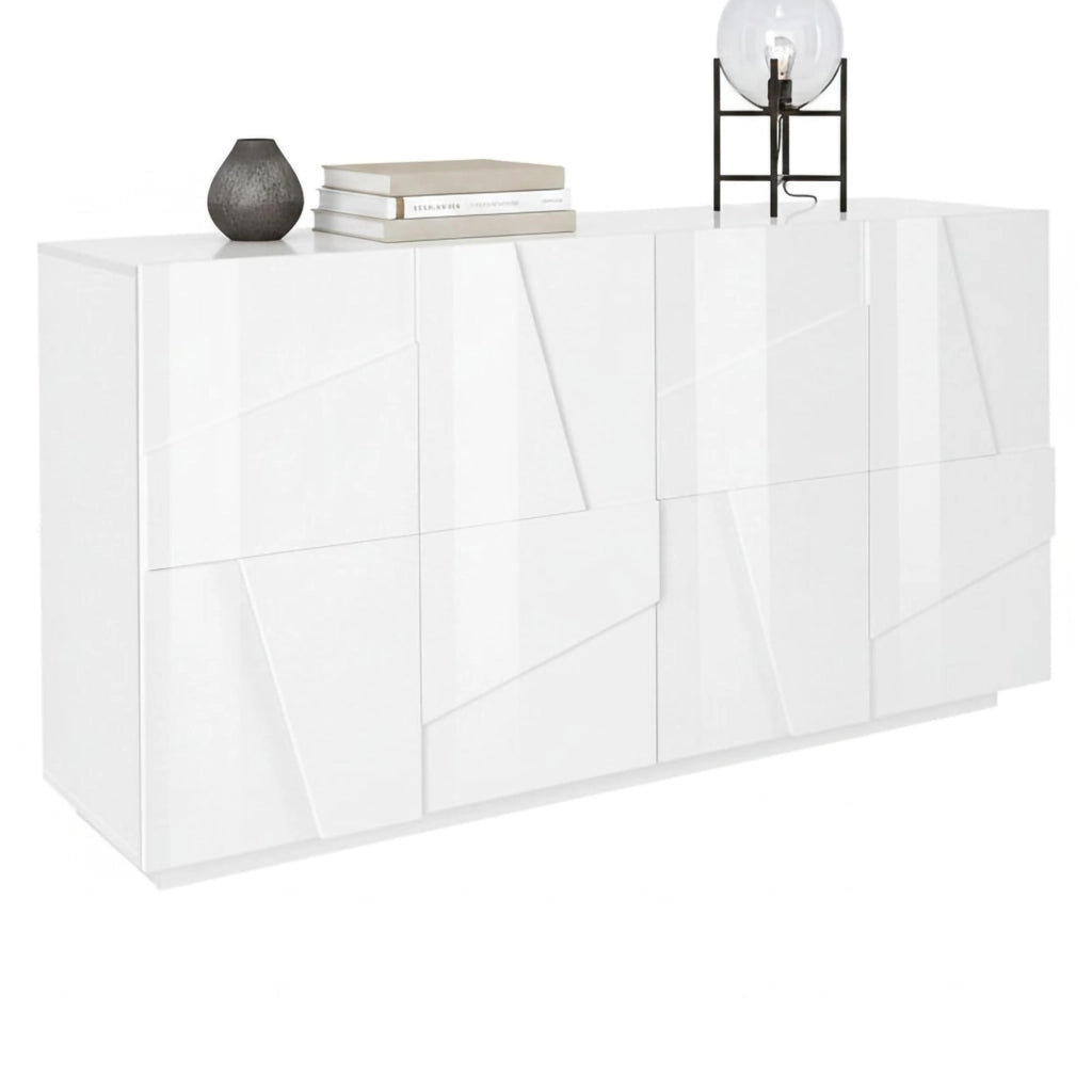 Credenza moderna a 4 Augusto, Made in Italy, Madia da cucina, Buffet di design da soggiorno, cm 162x44h86, Bianco lucido