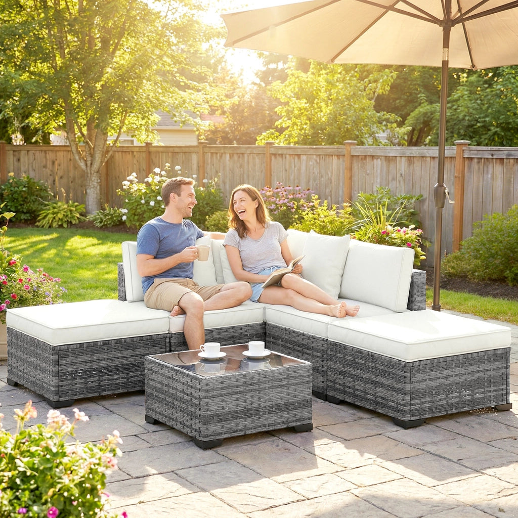 Set 6 Pezzi >Salotto da Giardino con Divano Modulare Tavolino e Cuscini in Rattan e Acciaio Grigio