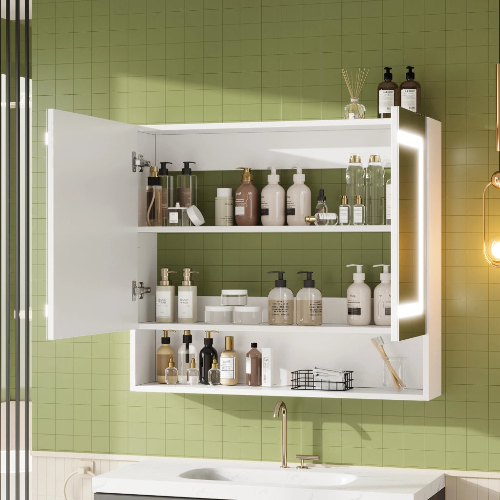 Mobile con specchio con 2 ante; 3 vani; LED e funzione antiappannamento per bagno; in MDF e vetro; bianco; 80×17×70 cm