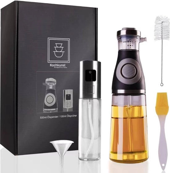 Set di distribuzione olii in acciaio inox e vetro con funzione di pompa, spruzzatore di olii preciso, 500 ml e 100 ml, spray premium multifunzionale per olii di cucina, aceto o olio di peperoncino, accessori da cucina