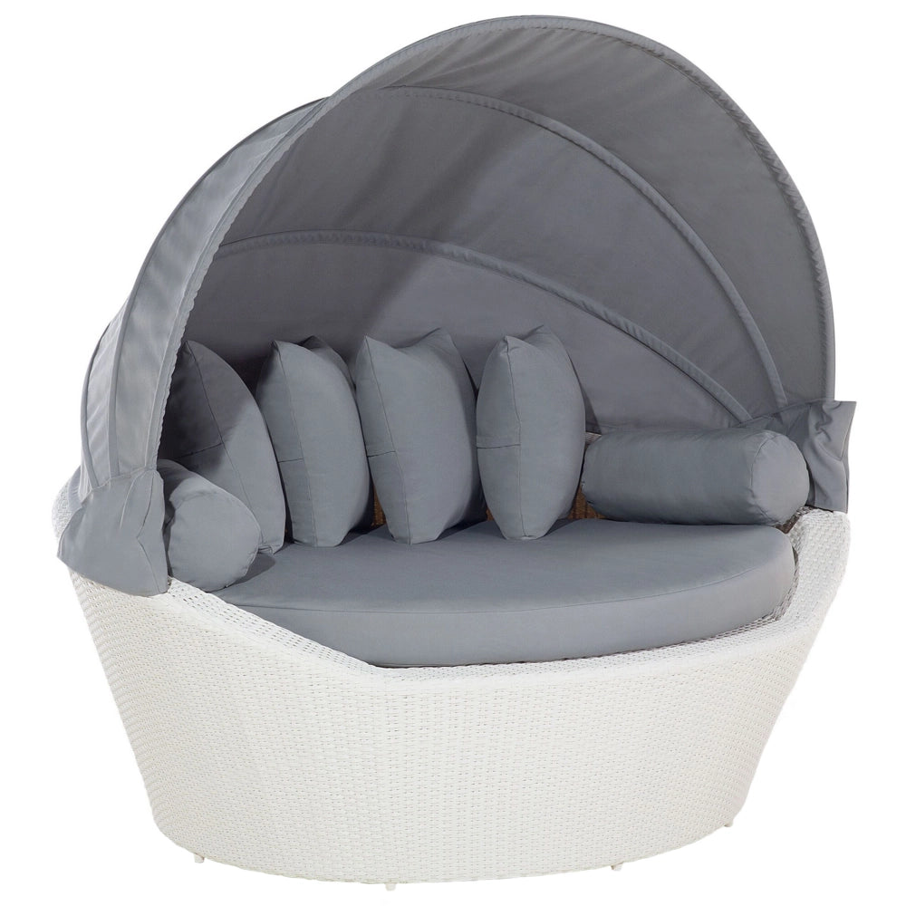 Lettino da giardino in finto rattan bianco e grigio con cuscini resistente agli agenti atmosferici