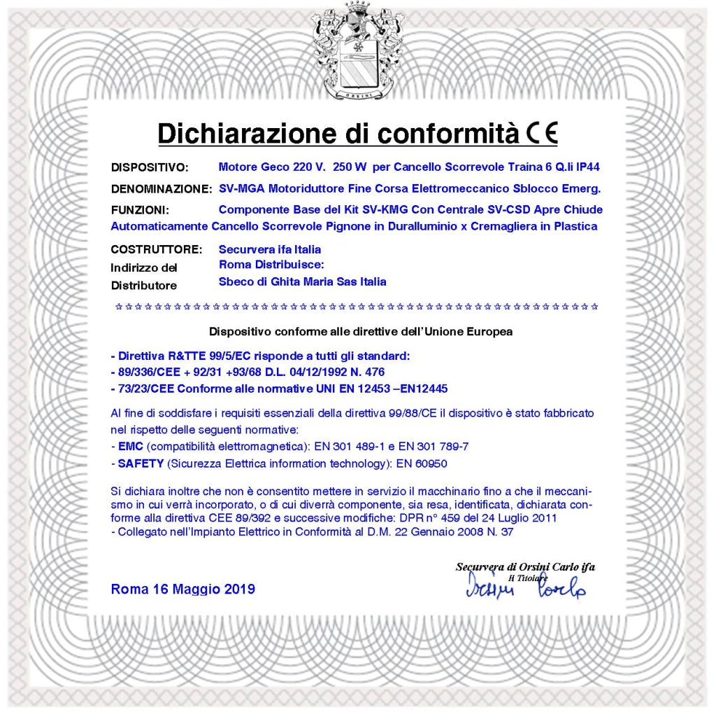 Cancello Scorrevole 6 Q.li da Sostituire Motore 230 V Con Centrale di Comando Radiocomando Pignone Z12 Duralluminio Per Cremagliera M4 in Nylon Cartello Monitore Compatibile Tutte Marche Italiane CE
