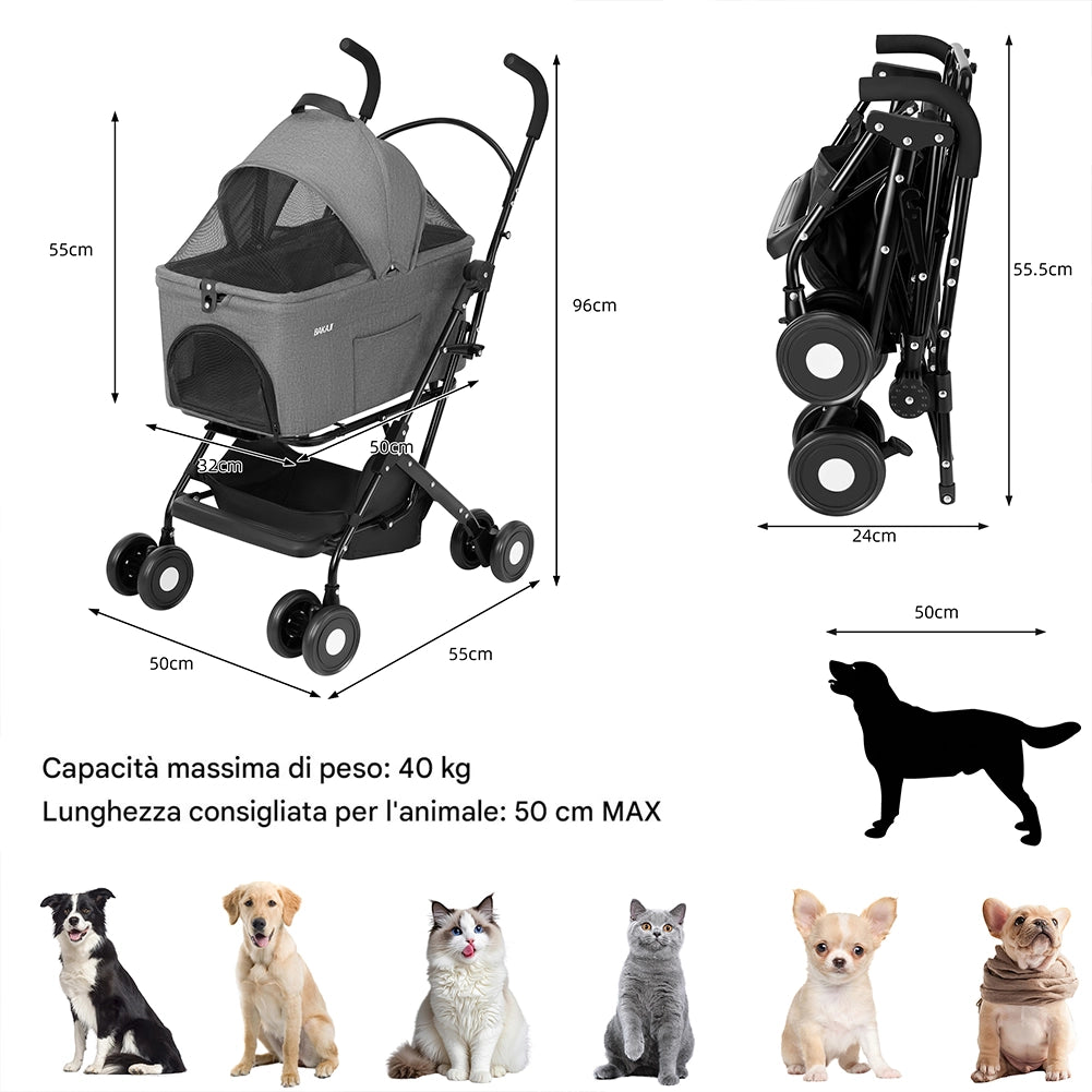Passeggino per Cani e Gatti Traportino Rimovibile per Animali Domestici Grigio