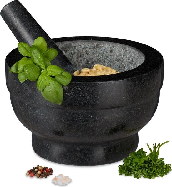 Vijzel e stampatore di granito - utensili da cucina sostenibili - spezie e erbe - 56kg - Ø 20cm - 1L - nero