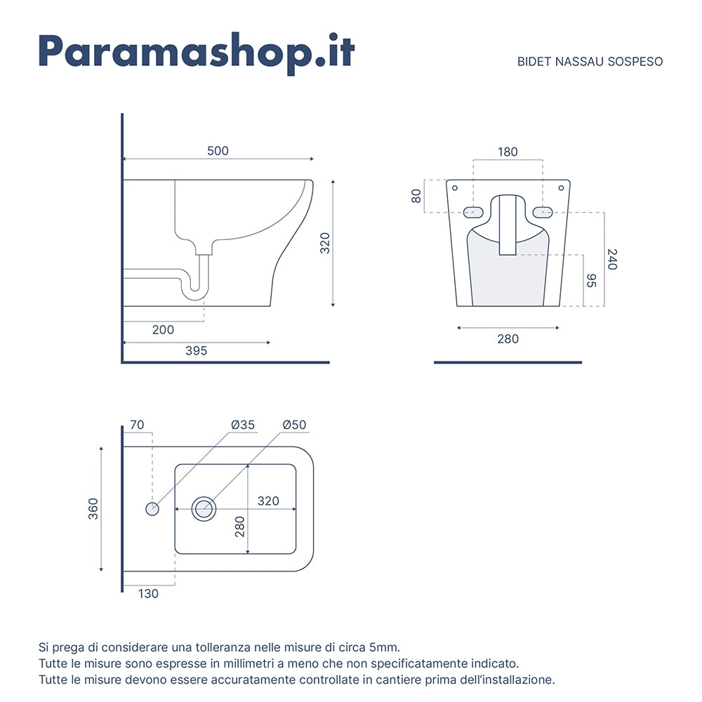 Sanitari sospesi rimless in ceramica bianco lucido: vaso bidet e copriwc soft-close | Nassau