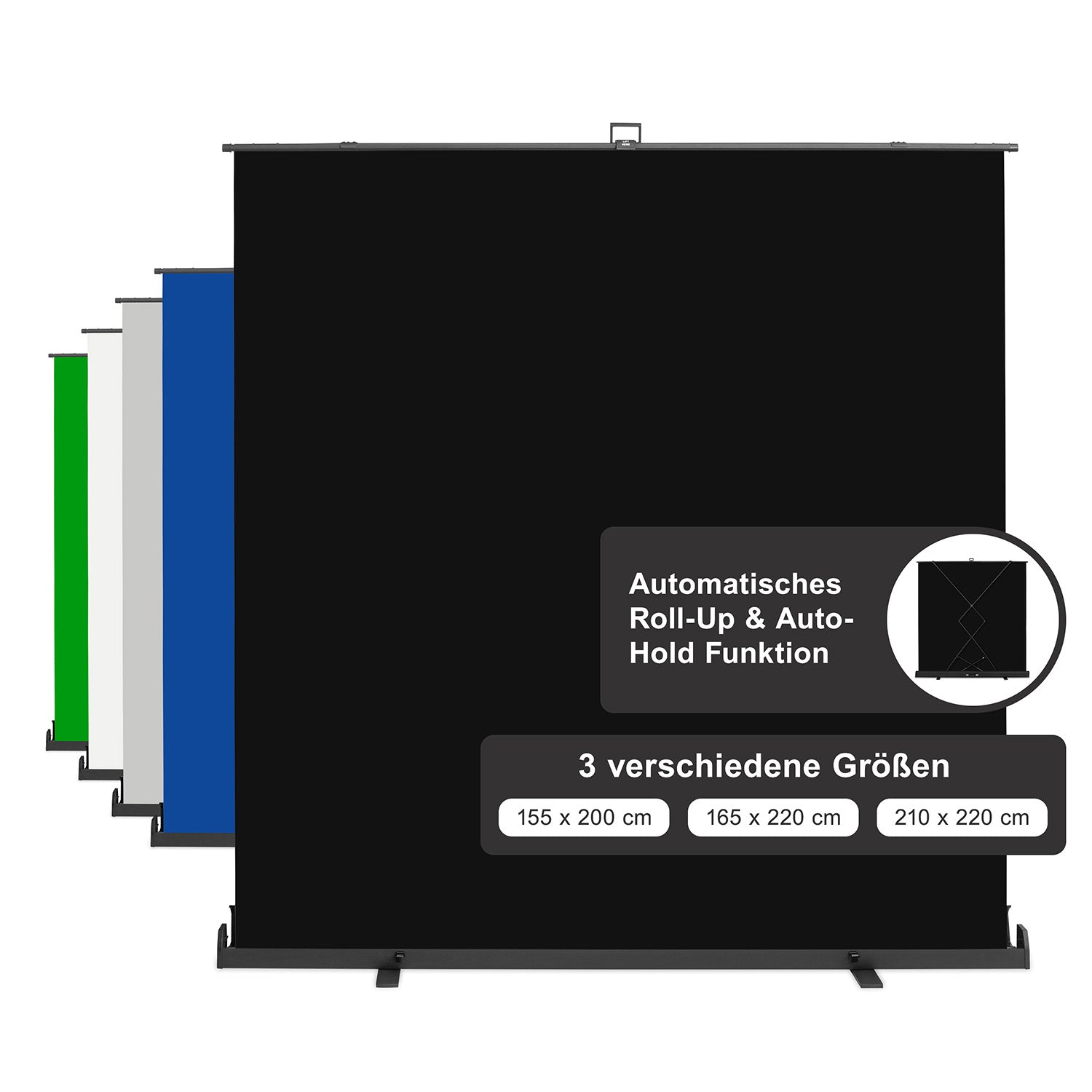 Fondale fotografico a rullo nero 210 x 220 cm, sfondo avvolgibile con supporto, sistema per studi fotografici, pannello ingualcibile ideale per fotografia low-key