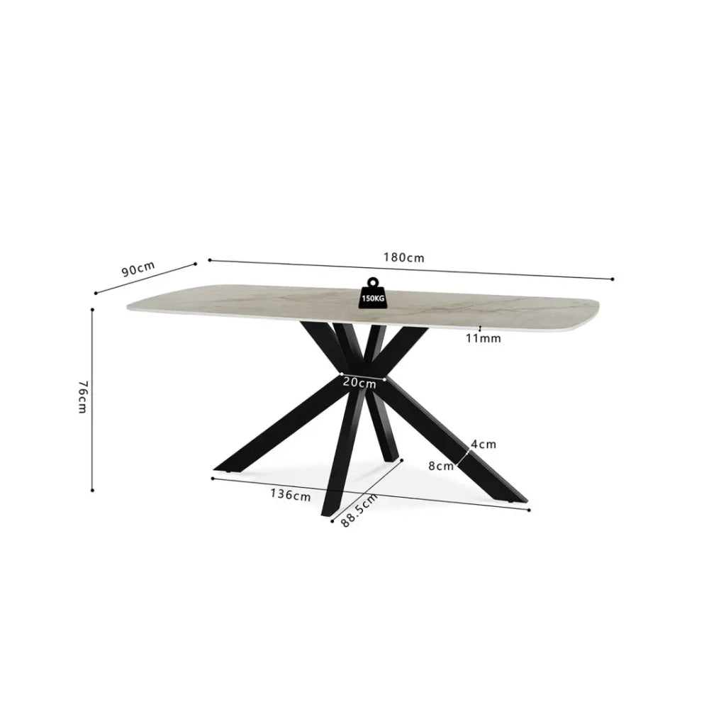 Tavolo da pranzo ARVENA – 180x90 cm – Colore beige marmo pietra – Piano effetto pietra – Design elegante e moderno
