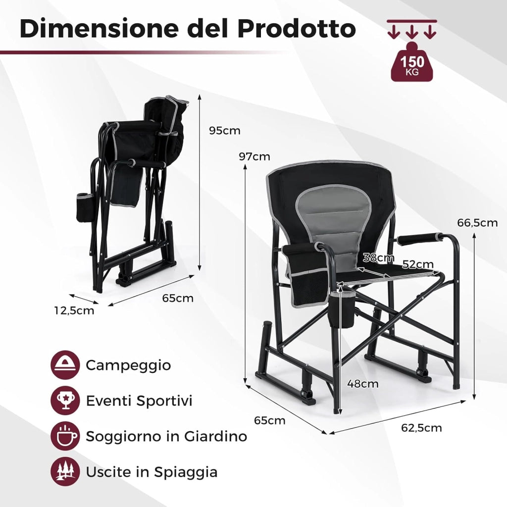 Poltrona a Dondolo da Campeggio, Sedia Pieghevole e Portatile con Molla Doppia, Schienale Imbottito, Braccioli, Porta Bicchieri, Sedia da Campeggio per SPiaggia Picnic, Portata 150 kg