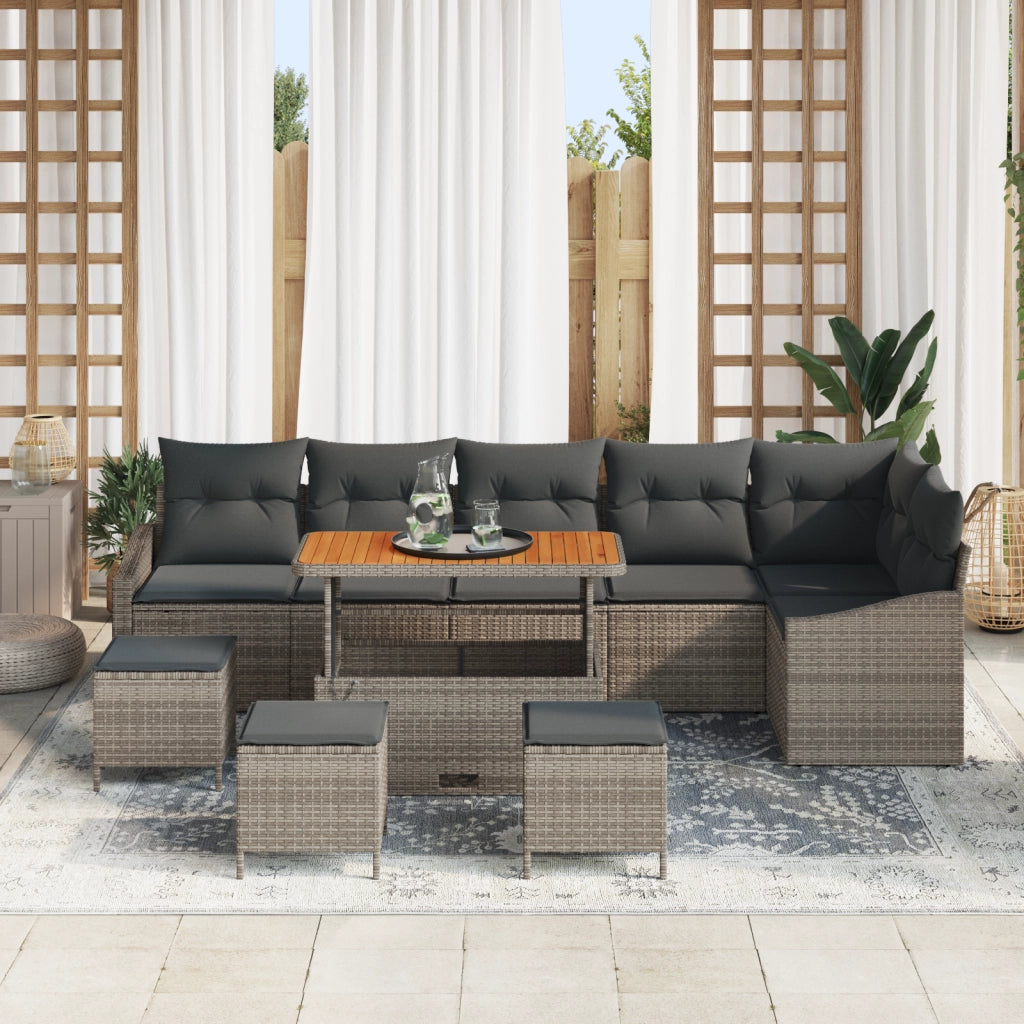 Set di Divani da Giardino  10 Pezzi con Cuscini Grigio Polirattan Acacia