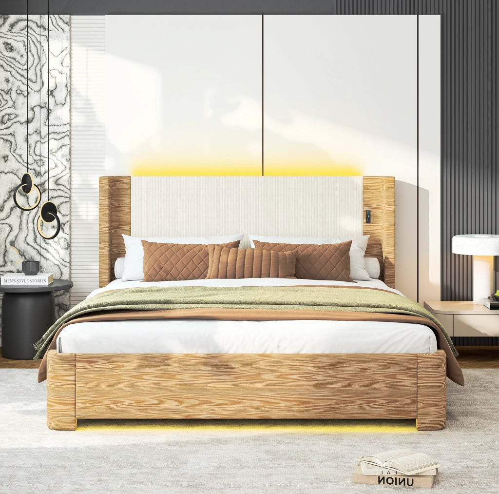 Letto beige 180 x 200 cm con sollevamento idraulico e illuminazione LED