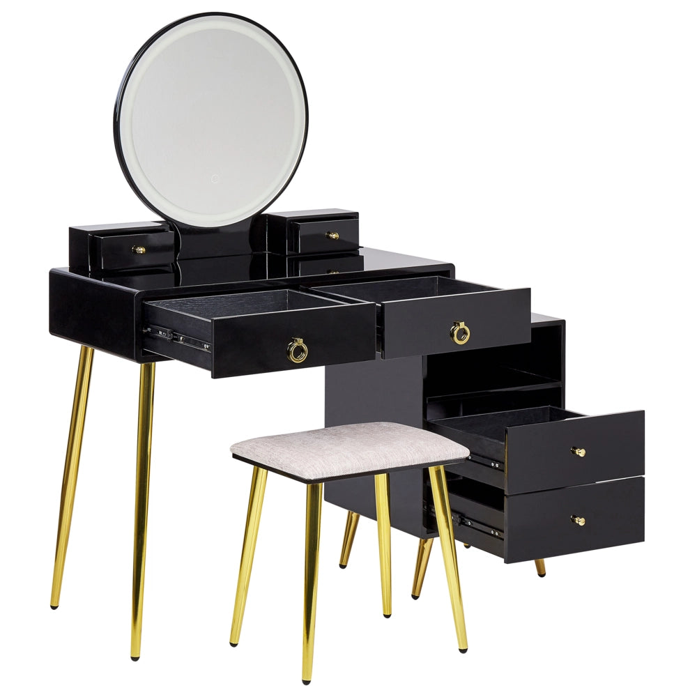 Toeletta con 6 cassetti specchio LED nero e oro e sgabello camera da letto elegante