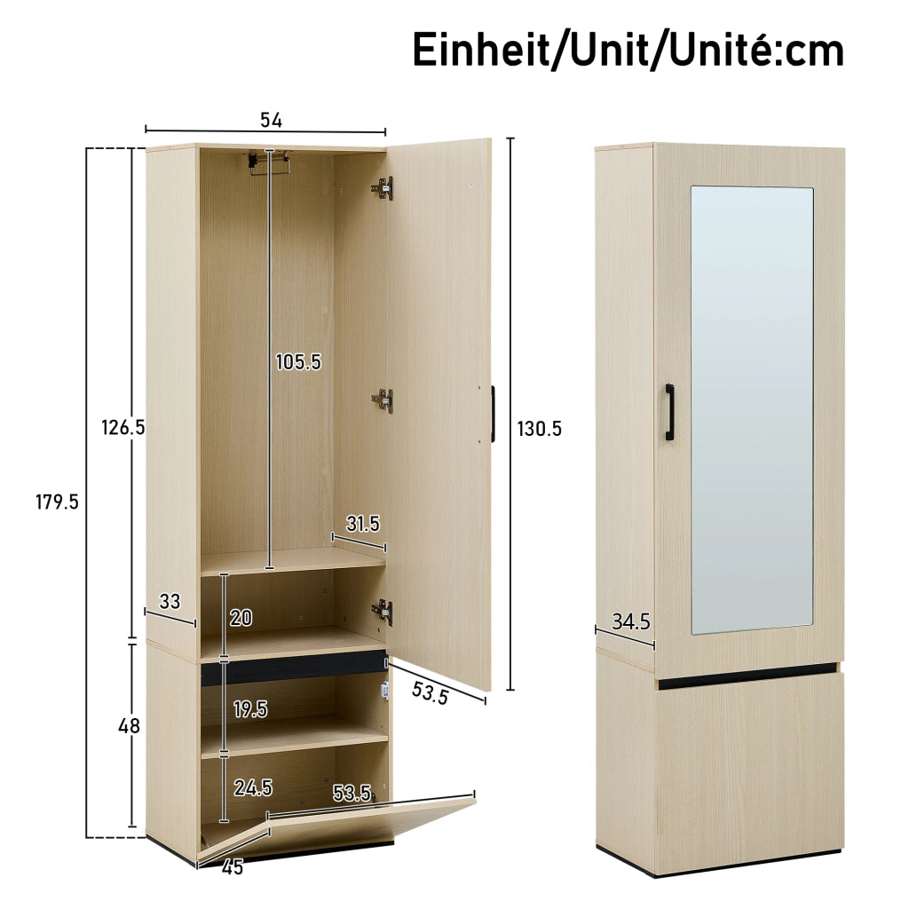 Armadio con specchio e asta appendiabiti estraibile per ingresso e camera; in MDF; legno; 54 × 34;5 × 179;5 cm