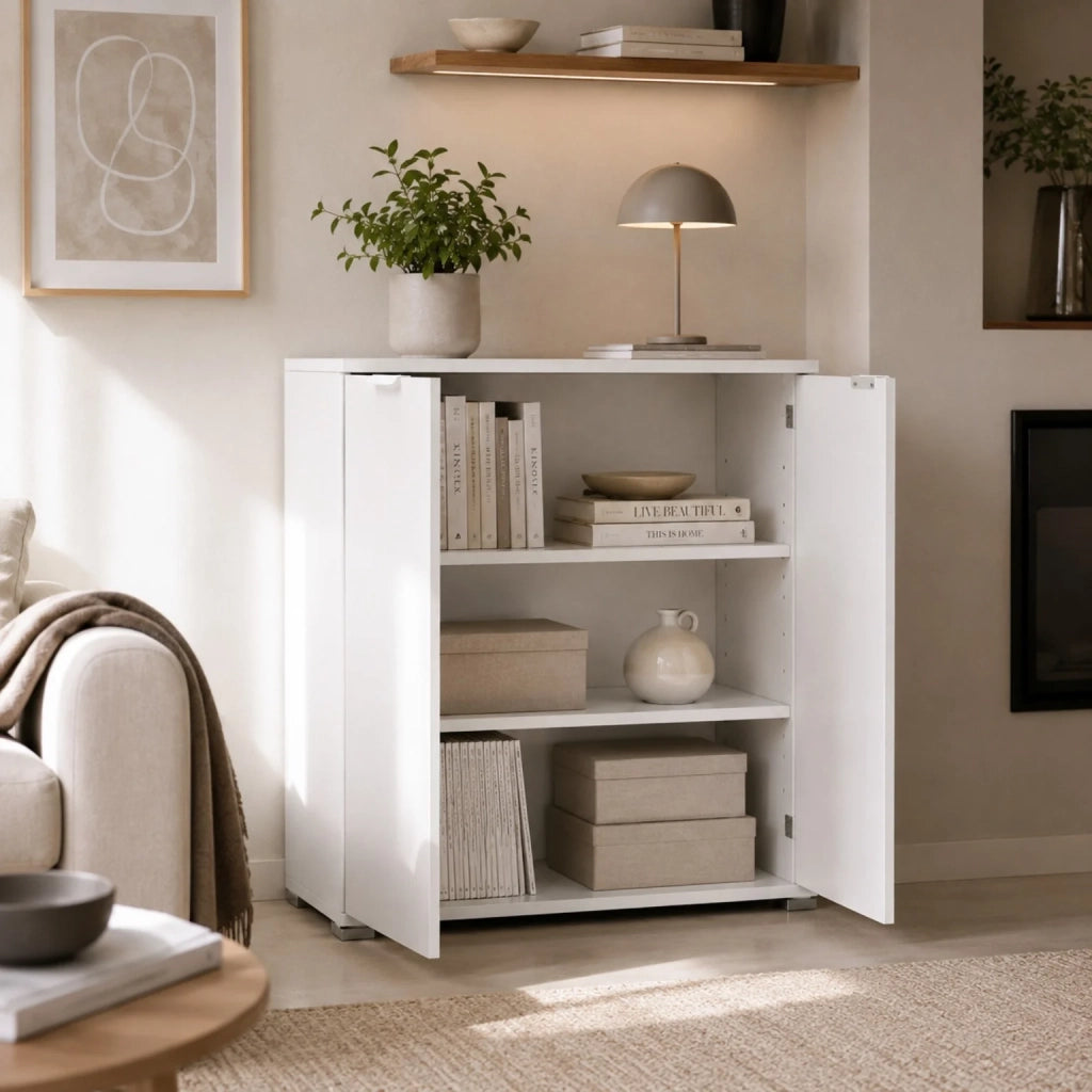 Mobile Base 2 Ante Bianco Già Montato | Armadietto Salvaspazio 75x85x38 cm | Mobile Bagno e Lavanderia con Ripiani Regolabili e Struttura in Legno Nobilitato