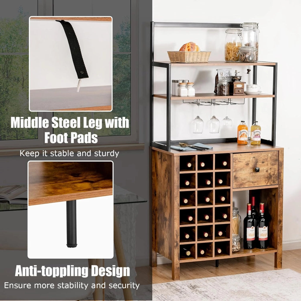 Credenza da Cucina per Vino, Mobile Bar con Ripiani a 3 Livelli, 18 Portabottiglie, Portabicchieri, Mobile Portabottiglie con Cassetto per Sala da Pranzo, Soggiorno, Marrone, 74 x 40 x 160cm