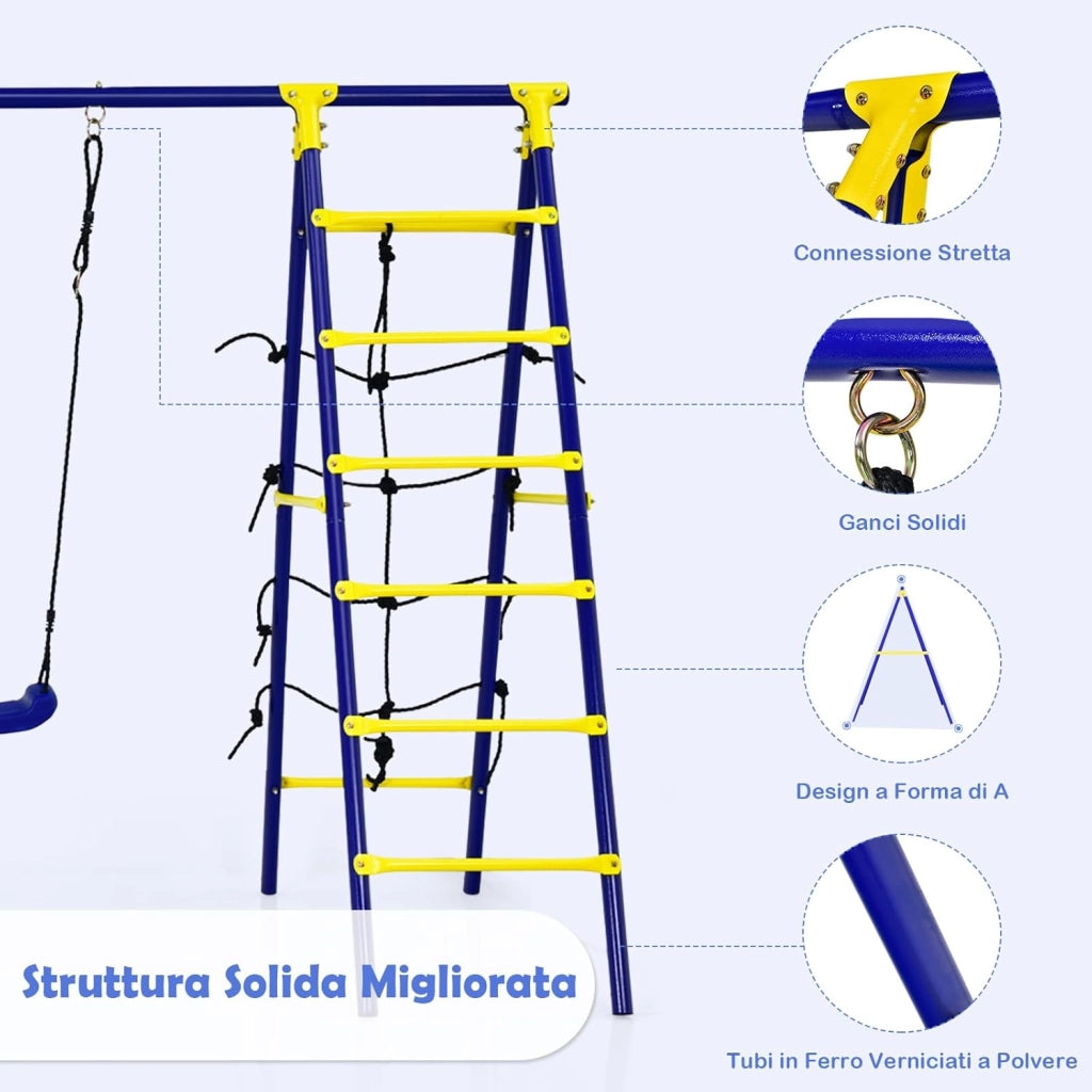5 in 1 Set Altalena da Giardino per Bambini, con 2 Altalene, 1 Canestro da Basket, 1 Rete di Arrampicata, 1 Scala di Arrampicata, Ideale per Giardino Cordile e Parco Giochi