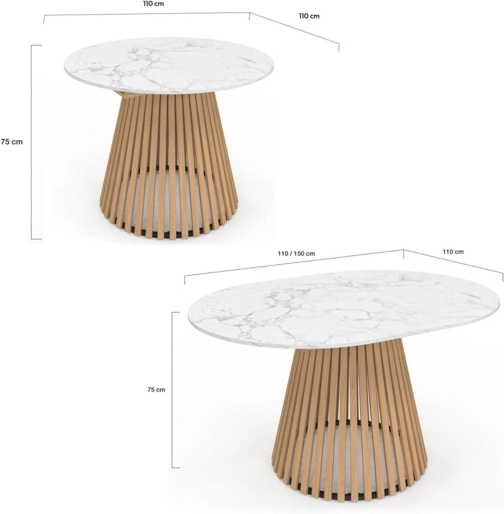Tavolo da Pranzo Allungabile Rotondo Carmen 4-8 Persone, Piedi in Legno di Larice e Piano in Marmo Bianco Alaska 110-150 cm