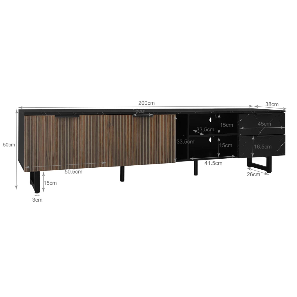 OKWISH Mobile TV con 2 Ante, 2 Cassetti, 2 Vani e LED, per Soggiorno, in MDF, Nero ed Effetto Legno, 200 x 38 x 50 cm