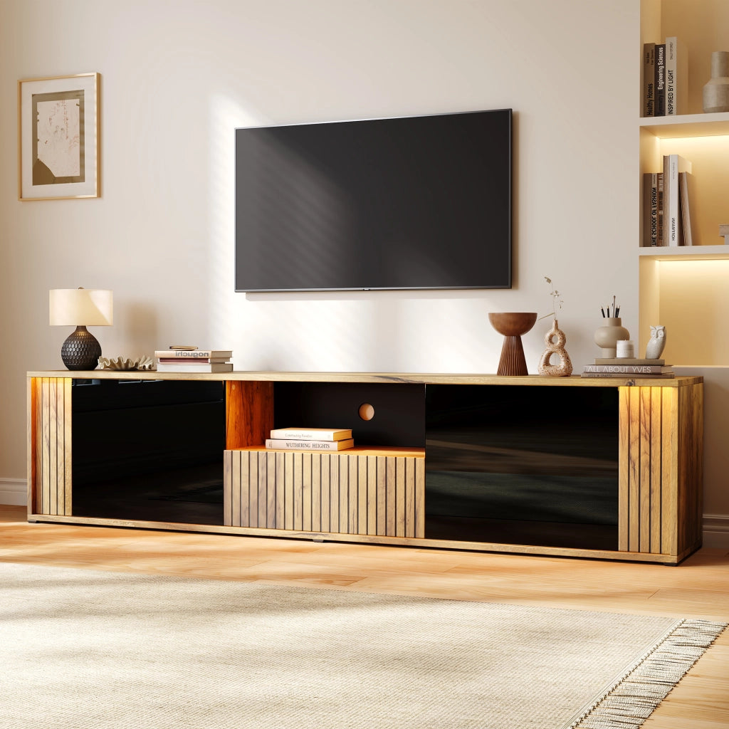 Mobile porta TV nero e effetto legno con illuminazione a diodi, 2 ante e 1 cassetto, 180 cm