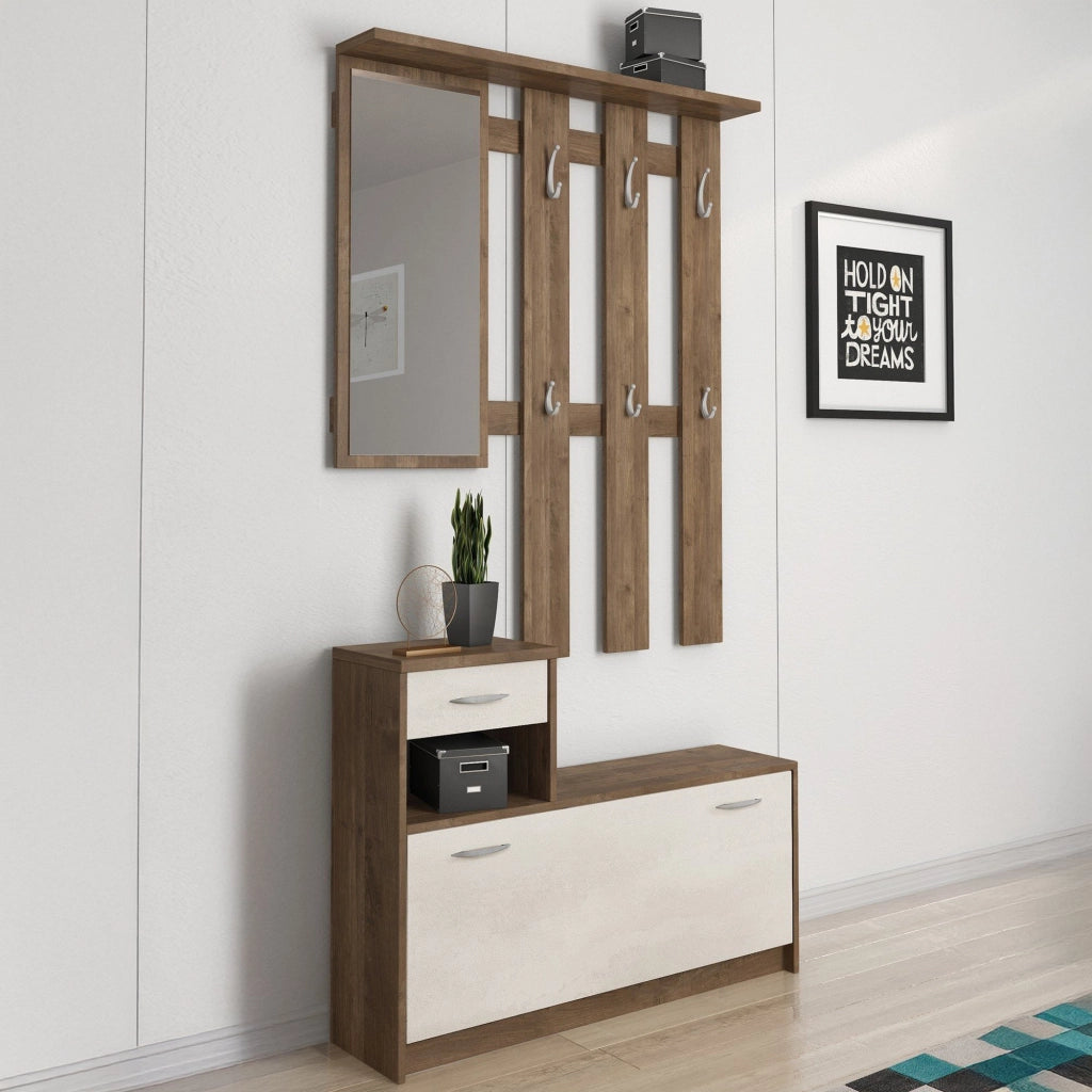 Mobile da ingresso Dazio, Entratina moderna con specchio, Mobile con scarpiera, Armadietto multifunzione, 100x25h180 cm, Bianco e Quercia