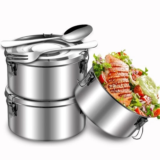 Contenitori in acciaio inox da 3 pezzi con coperchio, contenitore in acciaio inox di 360 ml impermeabile, scatola per picnic in metallo con cucchiaio e forchetta, contenitore a forma di curva per snack, contenitore per pane per bambini e adulti.
