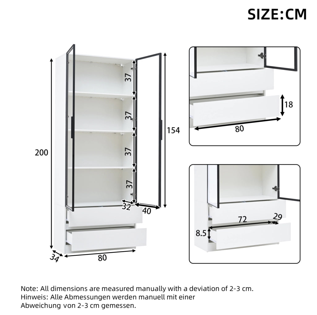 Vetrina 80x34x200 cm con LED controllabile da app e 2 cassetti bianca