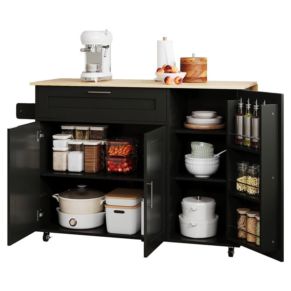 Tavolo da cucina mobile - Xylo - L132,5*L44(70)*H90cm - Grano di quercia - Piano di lavoro ribaltabile, ripiano spezie, portasciugamani