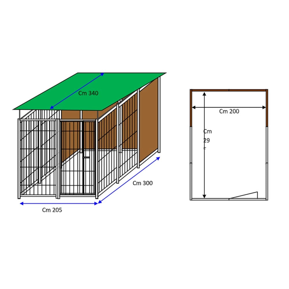 Recinto per cani 2x3 metri box modulare con copertura e retro in legno