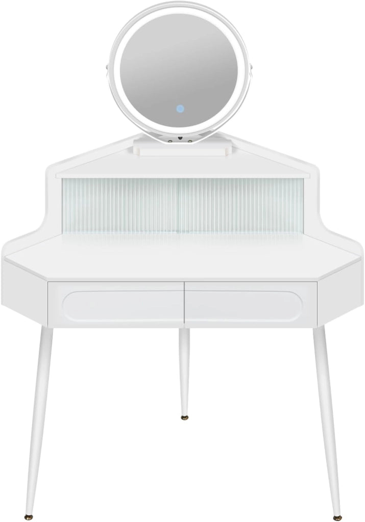 WOLTU Toeletta ad Angolo con Luce, Specchio Dimmerabile, Tavolo da Toilette, 2 Cassetti, 1 Ripiano con Divisorio in Vetro, Tavolino Salvaspazio, Gambe in Metallo, Bianco
