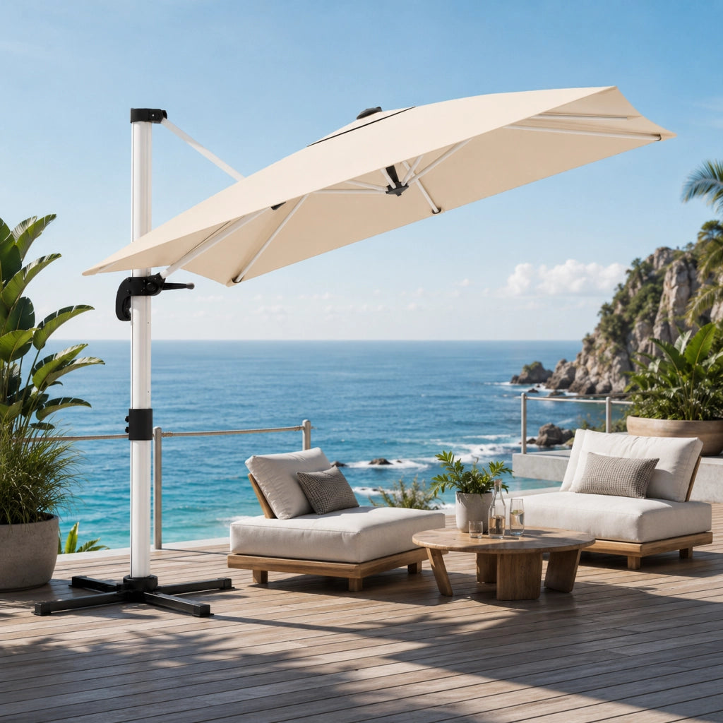 Ombrellone Decentrato 3X3 Metri Con Base A Croce Per Giardino Terrazza Patio E Piscina Struttura In Alluminio Antiruggine Telo Impermeabile UV50+ Inclinabile 300 x 300 x 260 Cm Beige