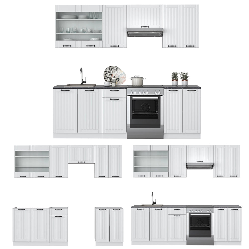 Cucina componibile Fame-Line Bianco rustico/Bianco 240 cm, PL Marmo Vicco
