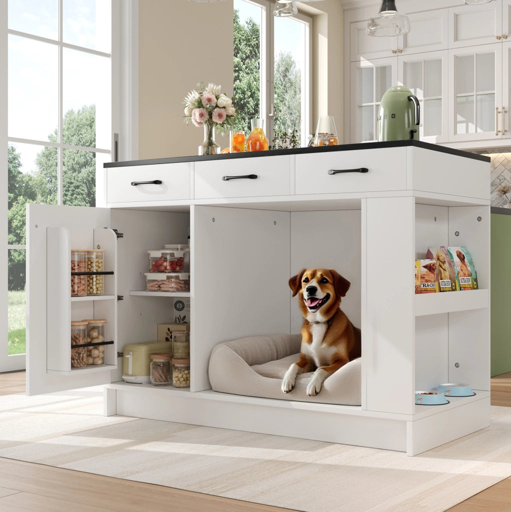 Isola da cucina con area per animali; 3 cassetti e ripiano regolabile; bianco
