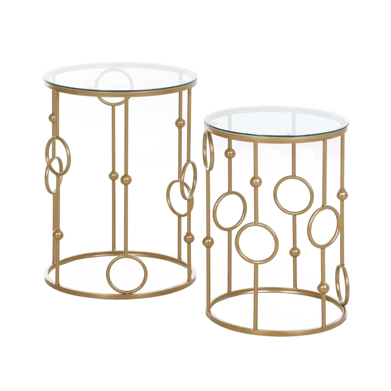 Tavolo da pranzo - set 2 tavolini - piano in vetro - design ruota e sfera - Ø41x57 cm - oro