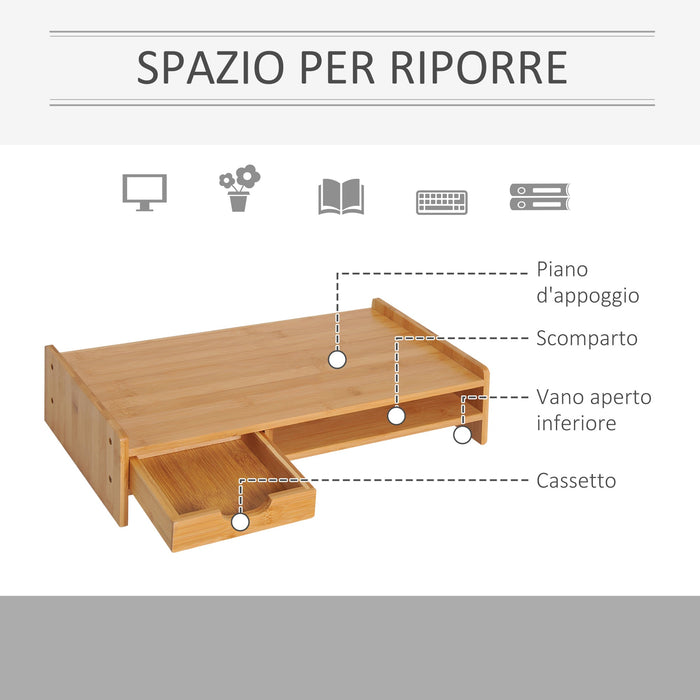 Supporto Monitor con Spazio per Mouse e Tastiera e Ripiano con Cubo Portaoggetti 49x25,5x11,5 cm in Bambù