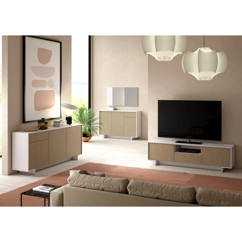 Mobile porta TV Frame 2 ante con cassetto centrale push to open bianco e cannetè chiaro 170x42x48 cm - Terraneo