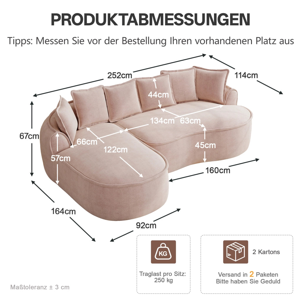 Divano modulare in ciniglia senza struttura con seduta profonda, chaise longue e braccioli larghi rosa 252 × 164 × 67 cm